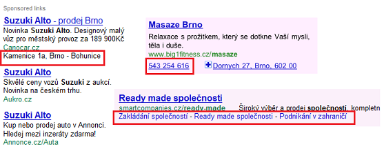 Textové reklamy s rošířením o adresu, telefon a další textové odkazy
