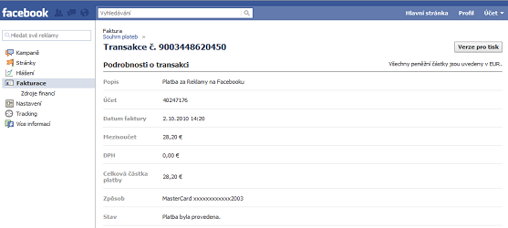 Tisk faktur v PPC systému sociální sítě Facebook