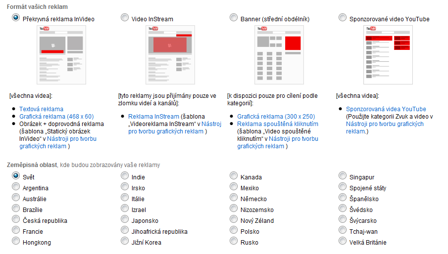 Výběr formátu a země zobrazení