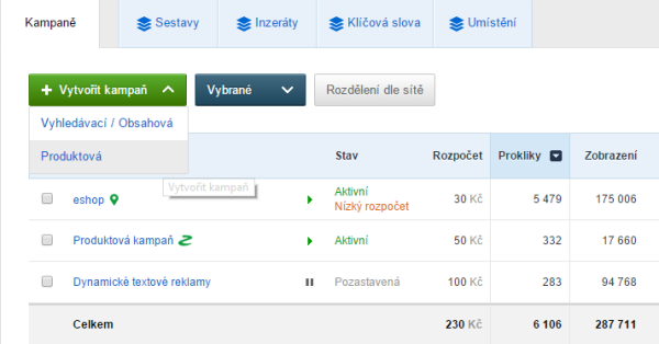 produktová kampaň seznam sklik